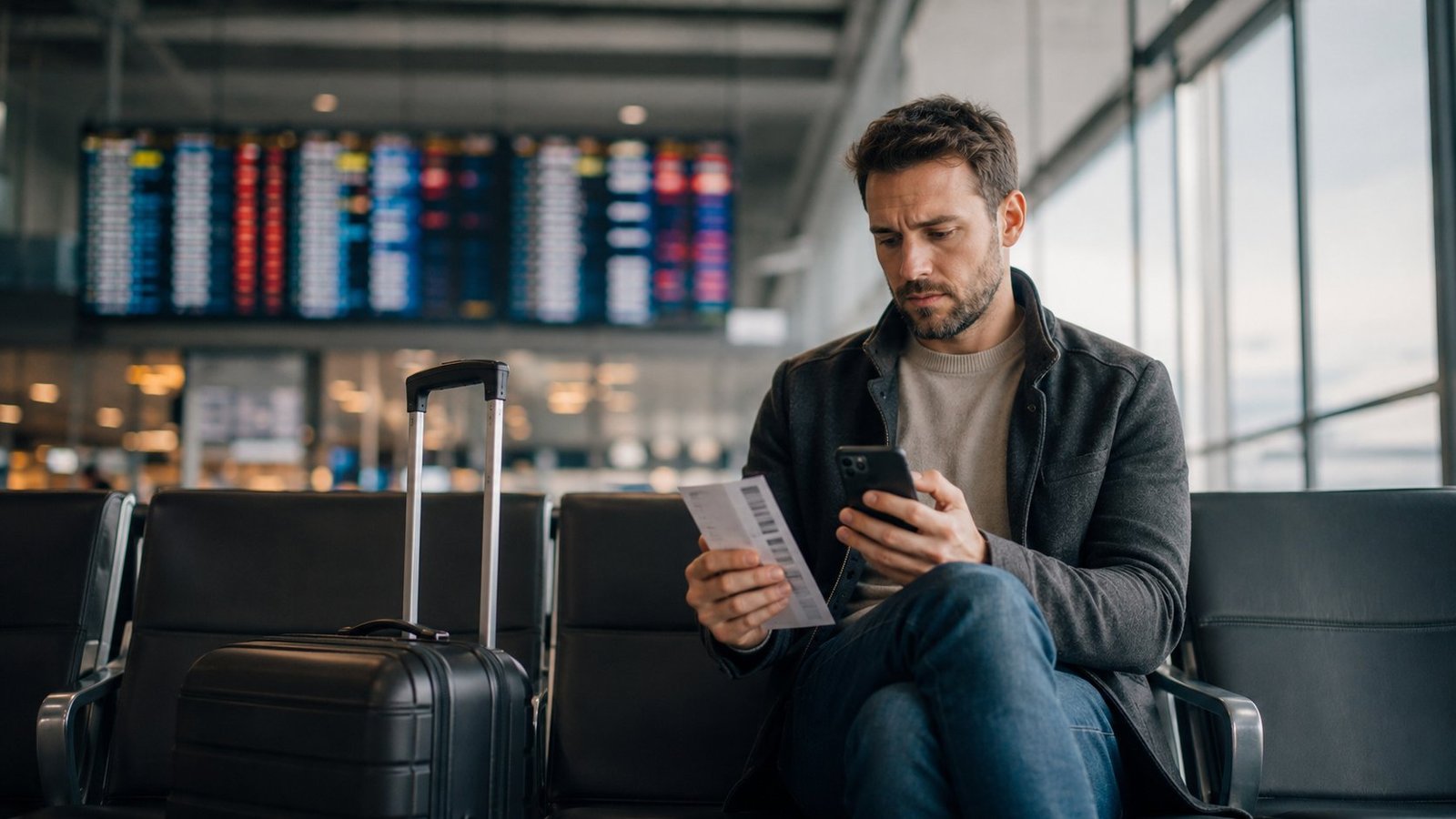 Passageira no aeroporto após cancelamento de voo verificando o status no celular, próximo ao painel de partidas, com bagagem aguardando reacomodação ou reembolso pela companhia aérea