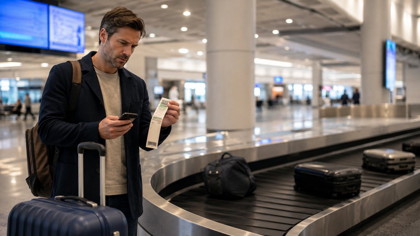 Passageiro buscando bagagem extraviada no aeroporto após mishandling pela companhia aérea, com cartão de embarque e RIB (Registro de Irregularidade de Bagagem) para reclamar indenização