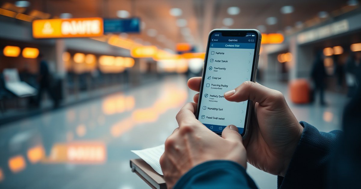 Passageiro com smartphone documentando provas no aeroporto — checklist mobile MeuVoo
