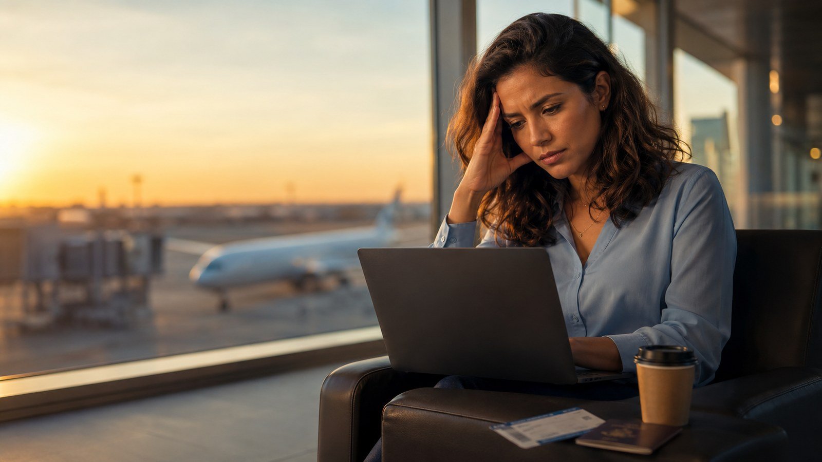 Passageira brasileira no aeroporto consultando direitos do voo no laptop ao pôr-do-sol · aguardando voo atrasado · MeuVoo tecnologia jurídica