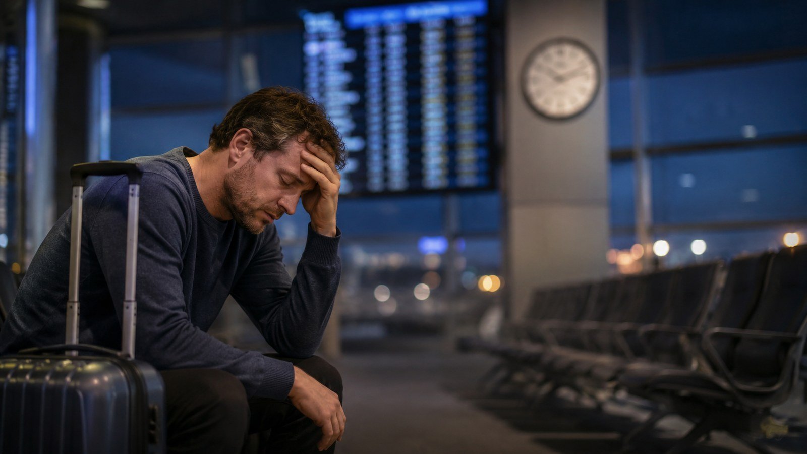 Homem cansado sentado no aeroporto com painel de voos e relógio ao fundo, frustrado pelo atraso da companhia aérea