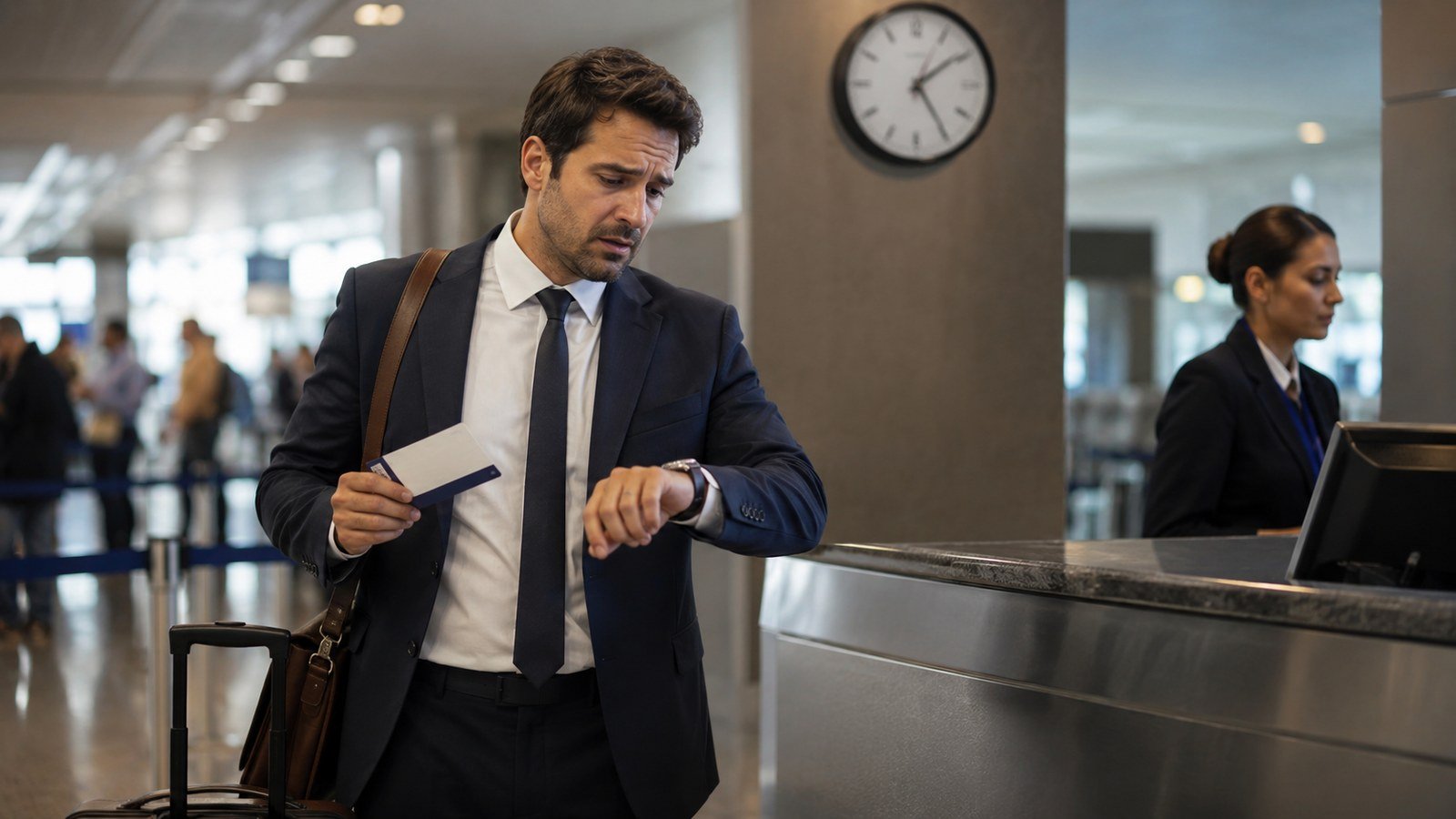 Passageiro empresário no aeroporto olhando o relógio com cartão de embarque · receio de perder a conexão · MeuVoo