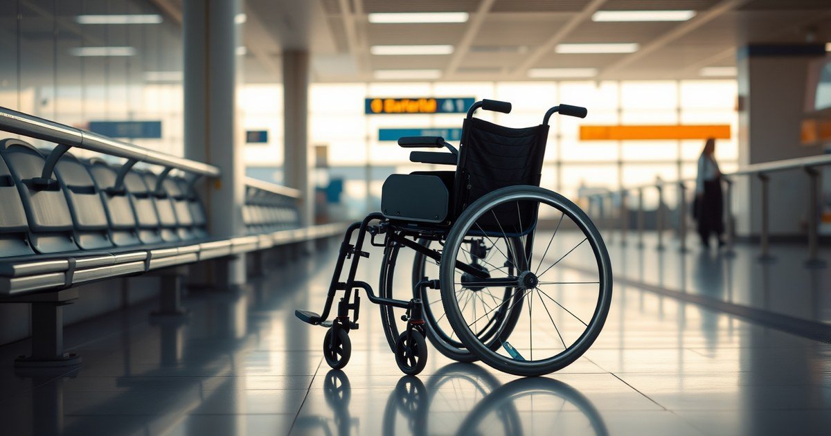 Cadeira de rodas em área de embarque de aeroporto representando direitos do passageiro com deficiência (PCD) em caso de extravio